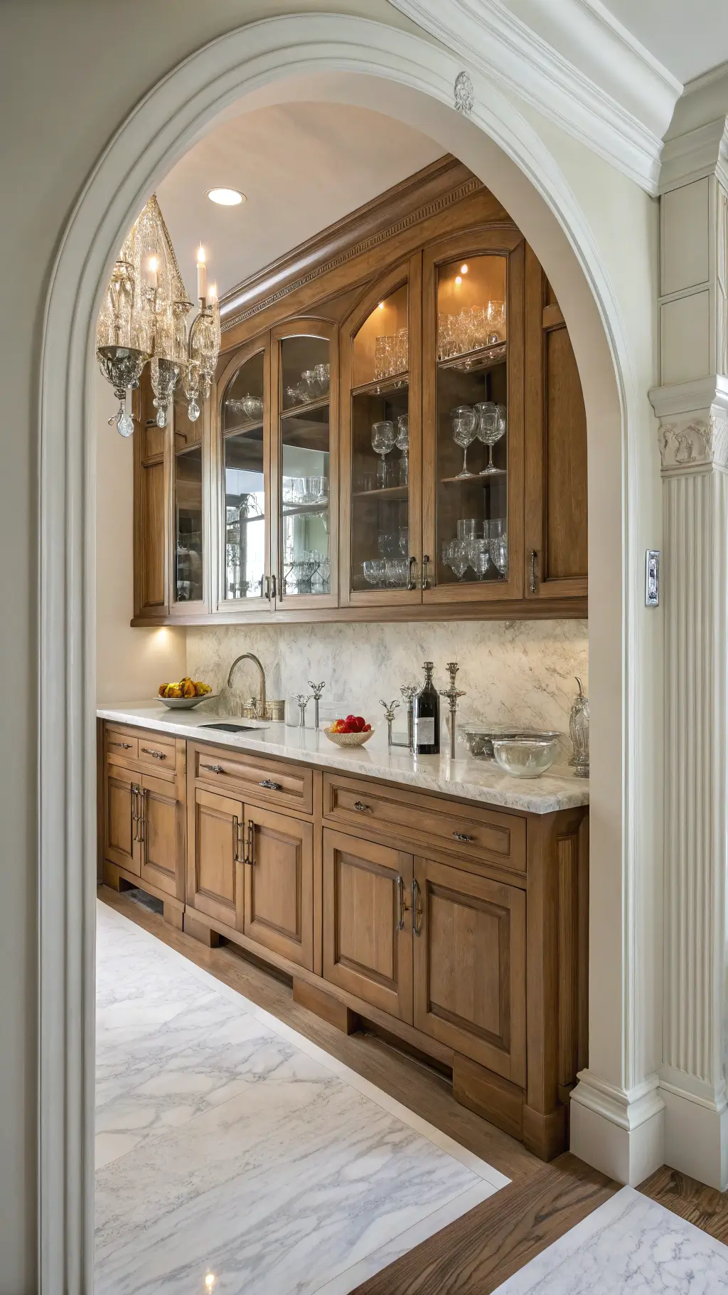 Classic butler's pantry featuring natural oak cabinets, marble countertops, and mirrored backsplash, accented by crystal sconces, polished nickel hardware, and ambient lighting, styled with silver serving pieces and crystal decanters.