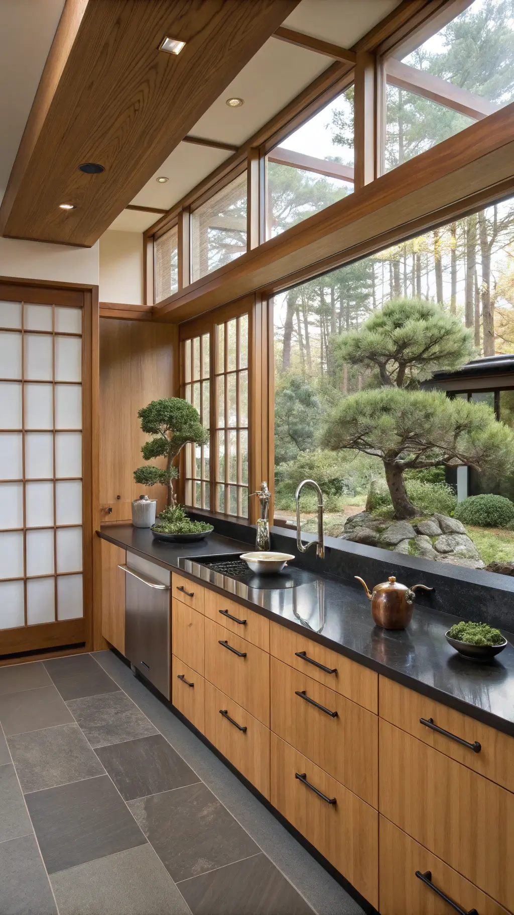 Meditative calm Asian-fusion kitchen with natural oak cabinets, black granite countertops with waterfall edges, and bronze hardware details, displayed through a low angle shot emphasizing horizontal lines and shadow play. Includes Shoji screens, Zen garden view through floor-to-ceiling windows, styled with bonsai trees and ceramic tea sets.