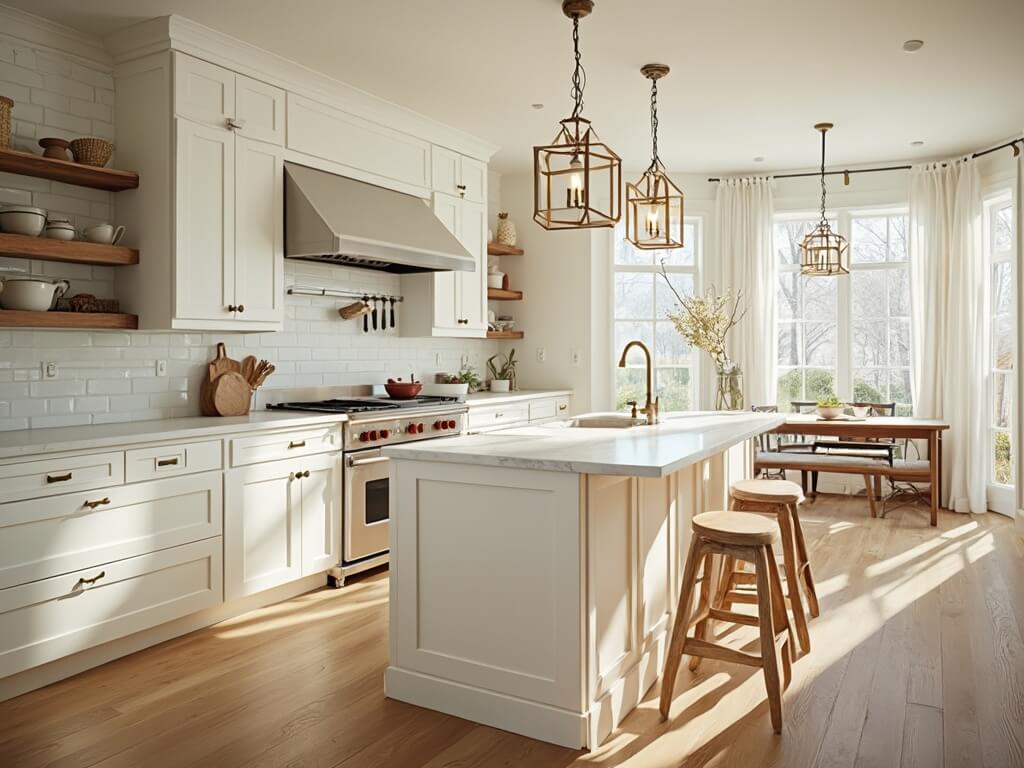 "Bright and airy farmhouse kitchen with off-white Shaker-style cabinets, brass hardware, Carrara marble countertop, brass pendant lights, and stainless steel appliances"