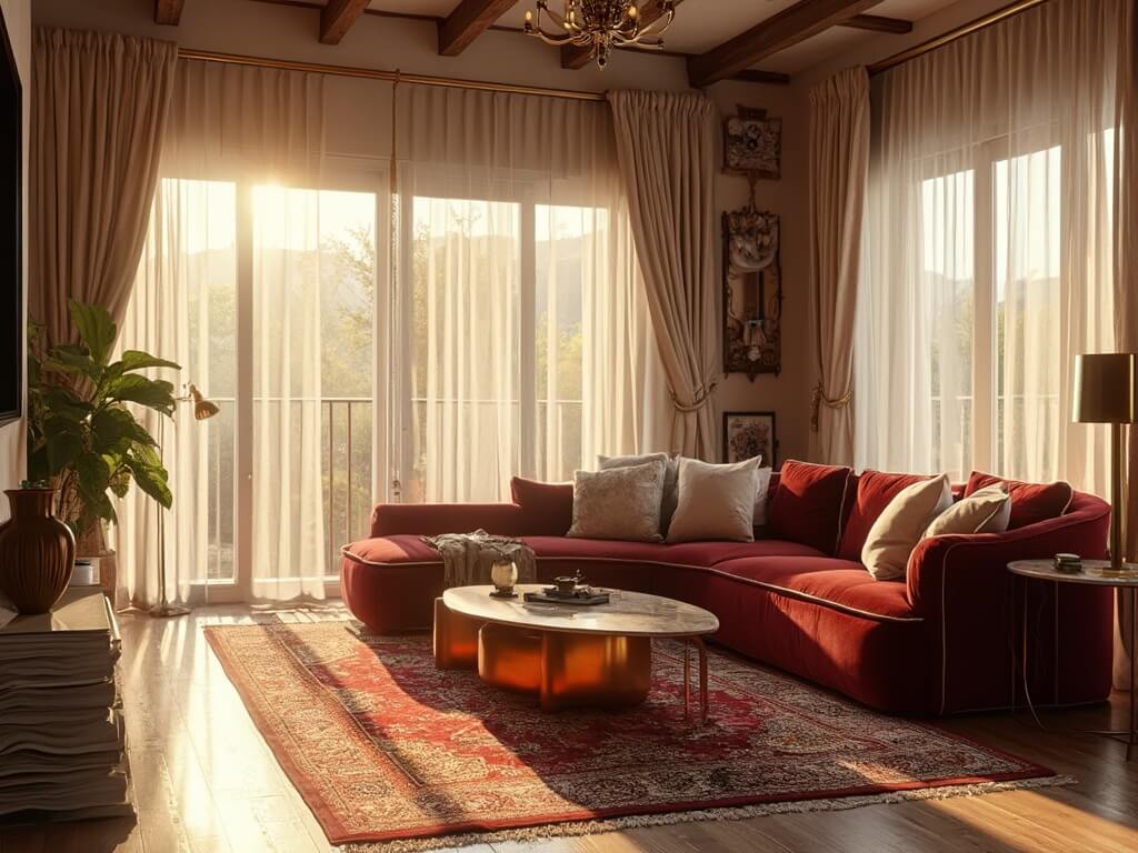 "Luxury living room drenched in golden hour sunlight featuring burgundy velvet sofa, brass and marble coffee tables, antique lamps, vintage Persian rugs, and potted monstera plant"