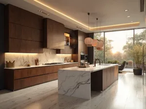 "Luxurious modern kitchen with dark espresso cherry wood cabinets, white quartz island, professional stainless steel appliances and dramatic ceiling lighting."