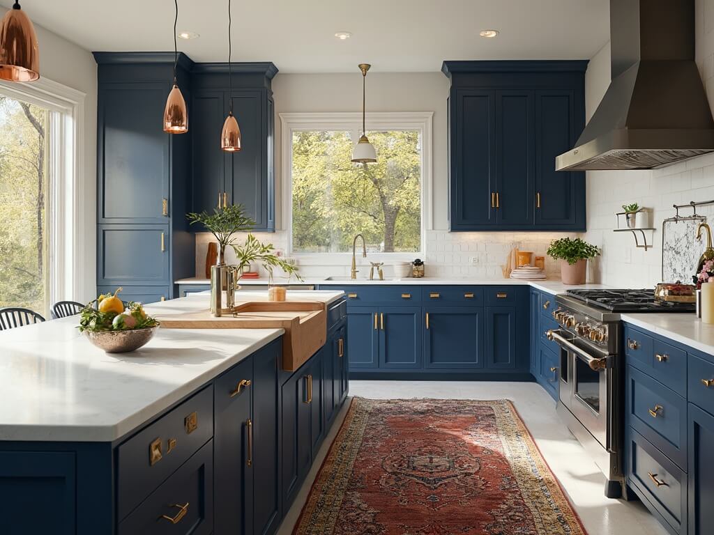 "Luxurious navy blue kitchen with white quartz countertops, butcher block island, and copper lighting bathed in morning sunlight"