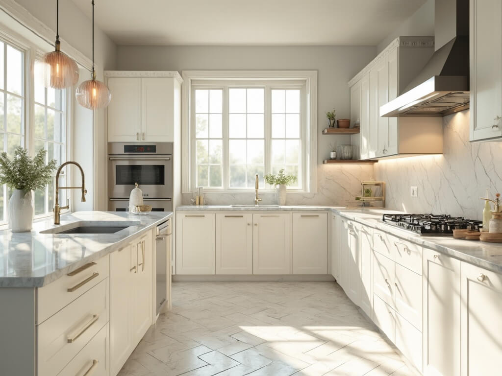 "Sunlit modern kitchen with alabaster shaker cabinets, Carrara marble countertops, professional stainless steel appliances, and white oak herringbone flooring"