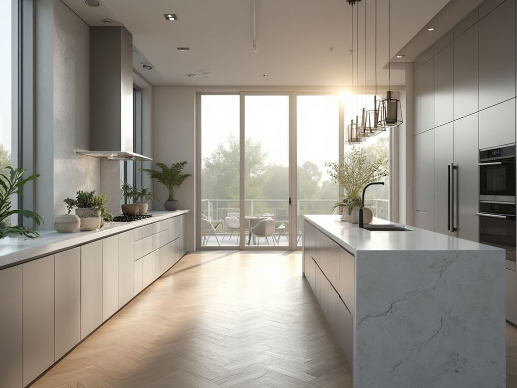 "Luxurious modern kitchen with aluminum cabinets, quartz countertop, oak flooring, and stainless steel appliances, lit by morning light"