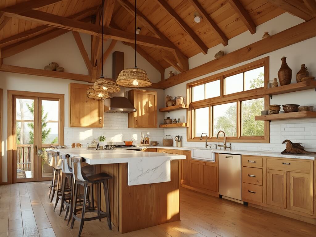 "Sun-drenched modern farmhouse kitchen with high wooden ceilings, maple cabinets, walnut island, and Carrara marble countertop during golden hour"