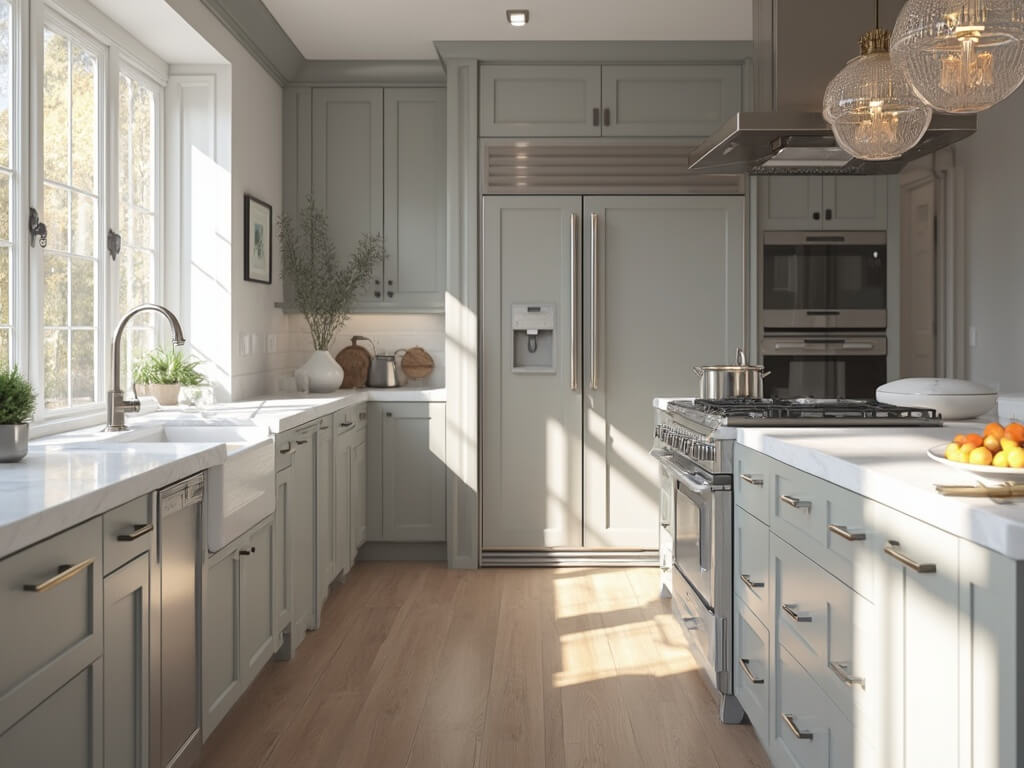 "Modern luxurious kitchen interior with dove grey Shaker-style cabinets, white quartz countertops, stainless steel appliances, a large marble-topped island, and natural light streaming through large windows."