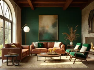"Luxurious eclectic living room with forest green accent wall, vintage leather sofa and emerald velvet armchairs, layered Persian carpet, brass floor lamp, and handcrafted coffee table in golden hour sunlight."