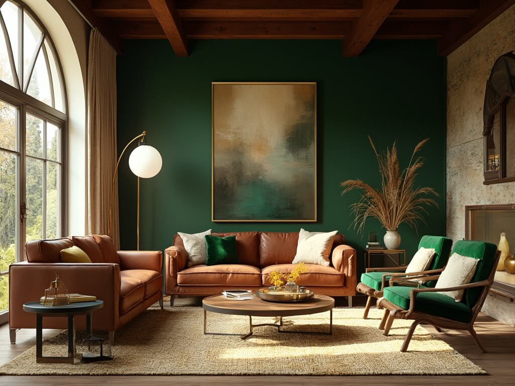 "Luxurious eclectic living room with forest green accent wall, vintage leather sofa and emerald velvet armchairs, layered Persian carpet, brass floor lamp, and handcrafted coffee table in golden hour sunlight."