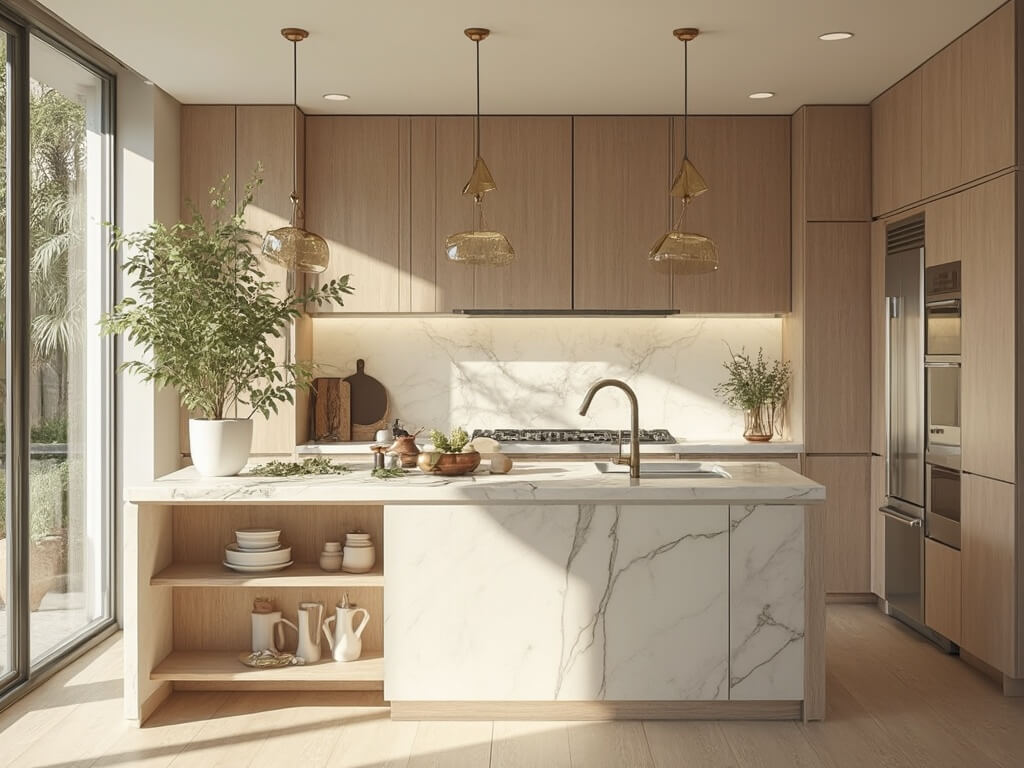 "Modern kitchen with light brown cabinets, white quartz countertops and stainless steel appliances lit by natural morning light"