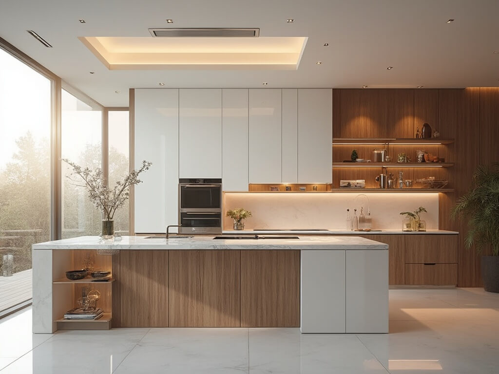 "Modern luxury kitchen with natural light, contrasting high-gloss white and walnut cabinets, quartz island, and stainless steel appliances."
