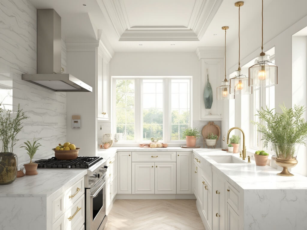 "Sunlit contemporary kitchen with white Shaker cabinets, a large quartz island, white oak herringbone floors, and artistic ceramic and copper kitchenware"