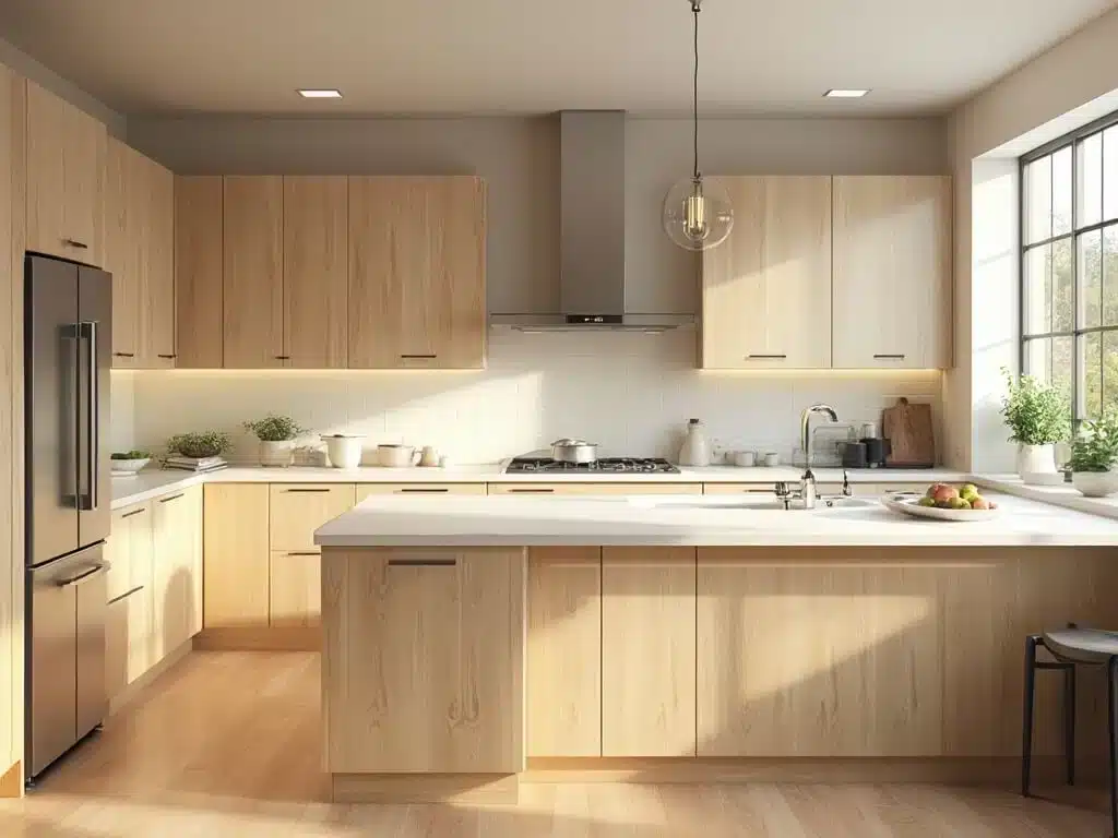 "Modern luxurious kitchen with maple wood cabinets, white quartz countertops, and stainless steel appliances, styled in a contemporary minimalist aesthetic with natural sunlight streaming in"