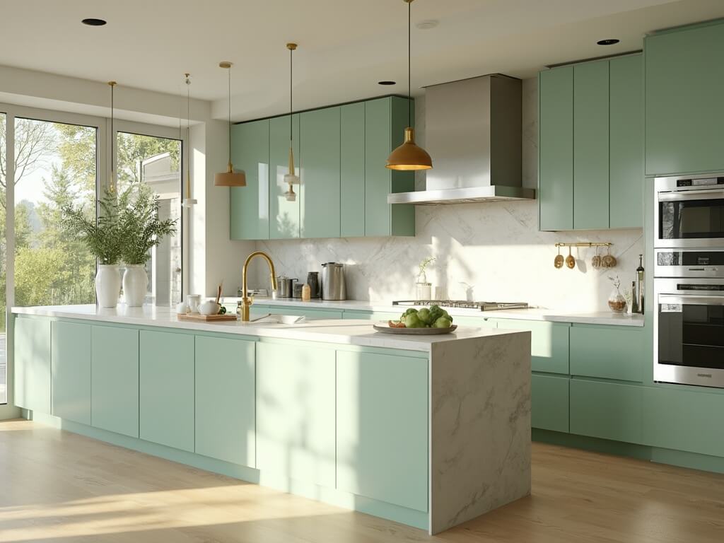 "Sunlit modern kitchen with mint green cabinets, white quartz countertops, stainless steel appliances, brass pendant lights, marble herringbone backsplash, and light oak flooring"