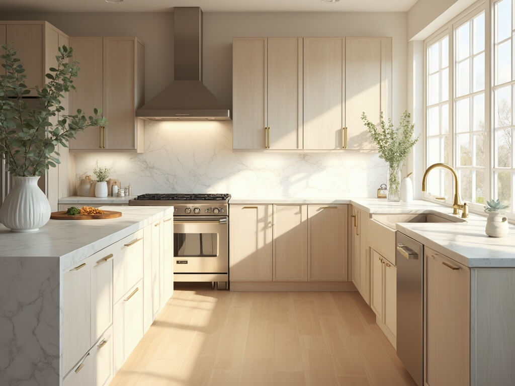 "Sunlit modern kitchen with Pale Oak shaker cabinets, Taj Mahal quartzite countertops, white damask tile backsplash, and stainless appliances, highlighted by natural light and minimal styling with a vase of fresh eucalyptus"