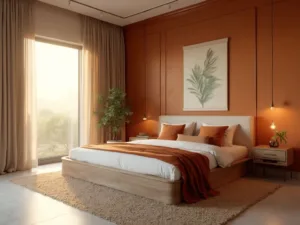 "Modern and serene 14x16ft bedroom design bathed in golden hour light, featuring a terracotta accent wall, a low-profile bed, oak nightstands, and cozy decor in quiet earth tones."