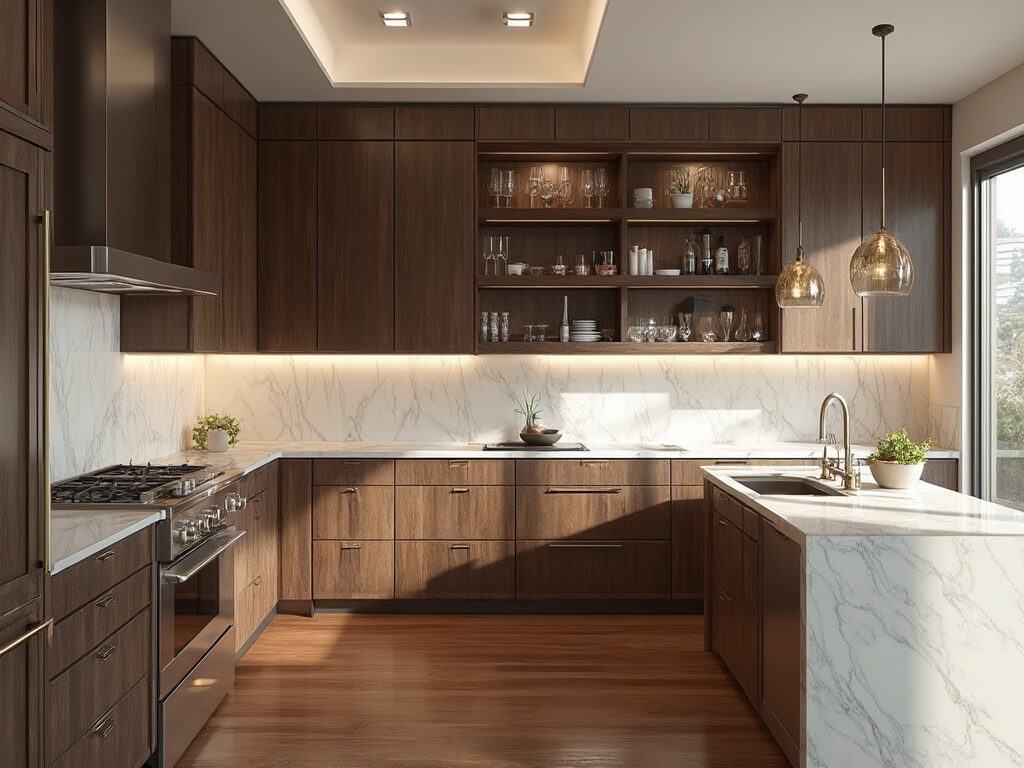 "Luxurious modern kitchen with walnut cabinets, Carrara marble island, stainless steel appliances, and floor-to-ceiling windows"