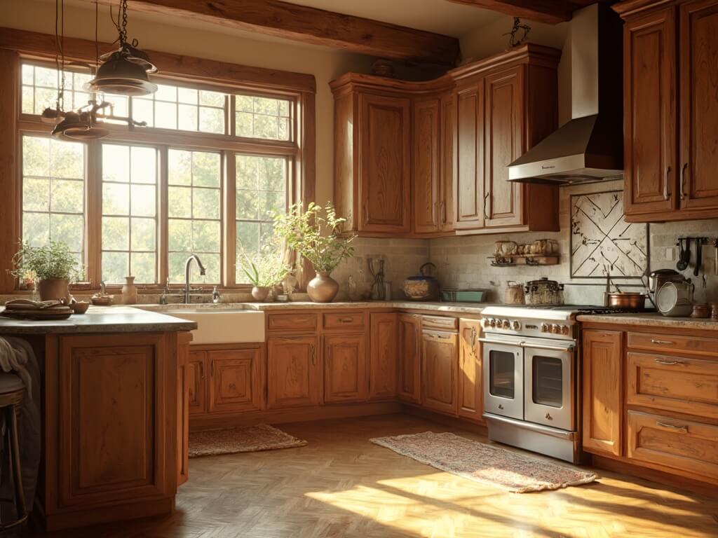 "Rustic, elegant hickory kitchen with large windows, center island, vintage copper pendant lights, and professional-grade stainless steel appliances in a farmhouse style home"