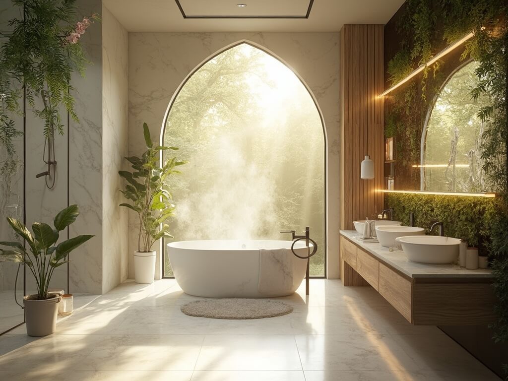 "Luxurious eco-friendly spa bathroom with marble soaking tub, living wall, bamboo vanity, and smart features, bathed in soft golden hour light"