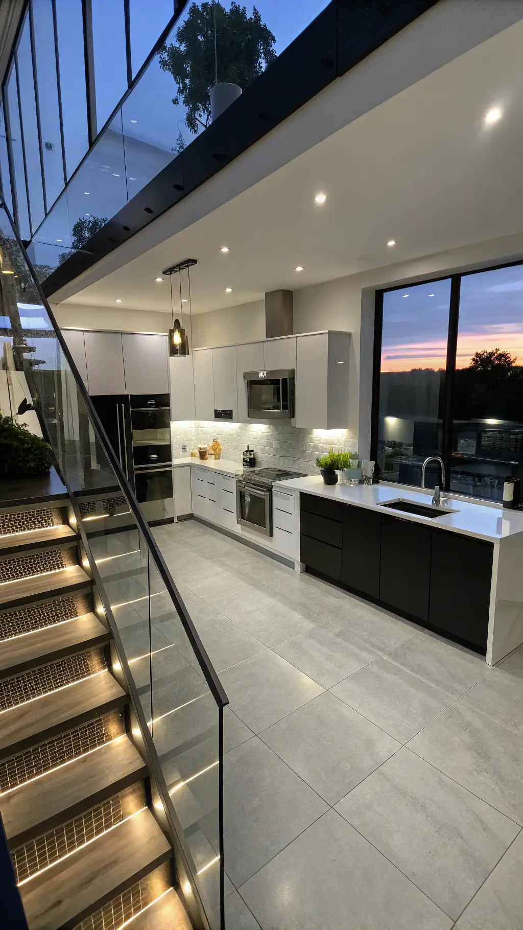 373modern black white kitchen dusk