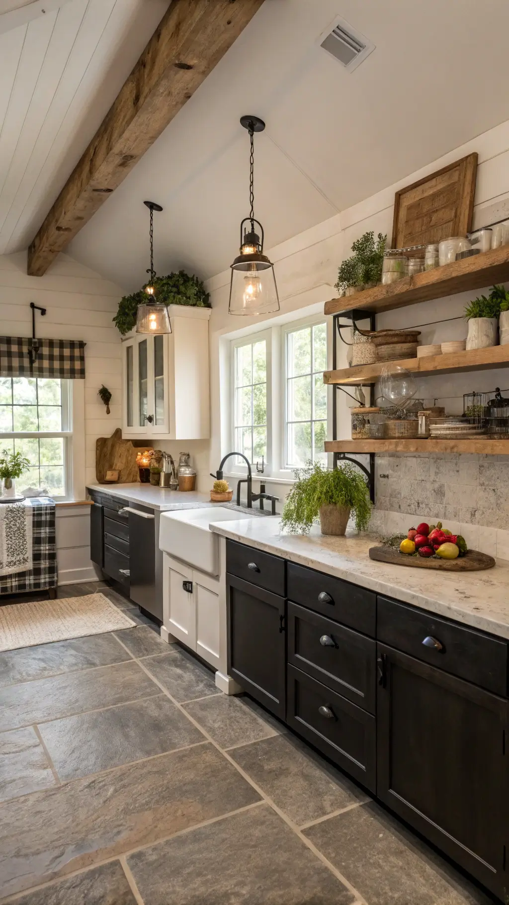 375farmhouse kitchen black white cabinets soapstone