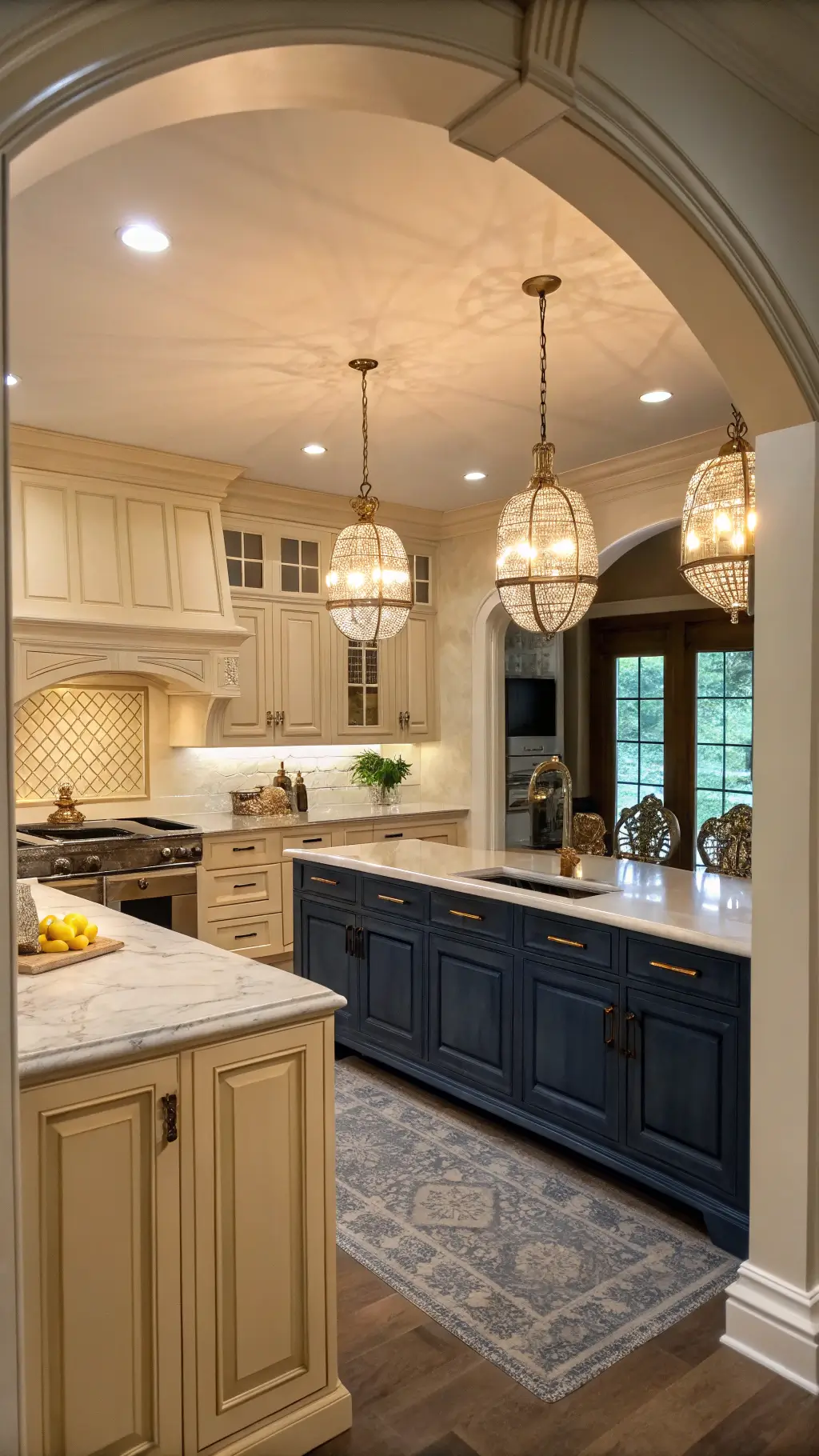 402transitional kitchen navy island evening glow