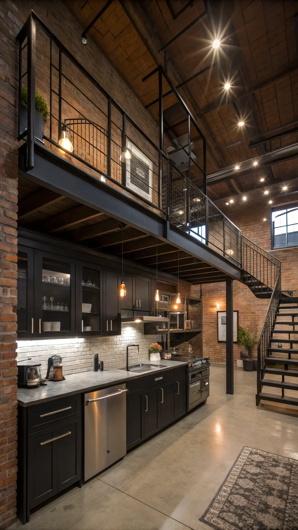 415industrial luxe loft kitchen night