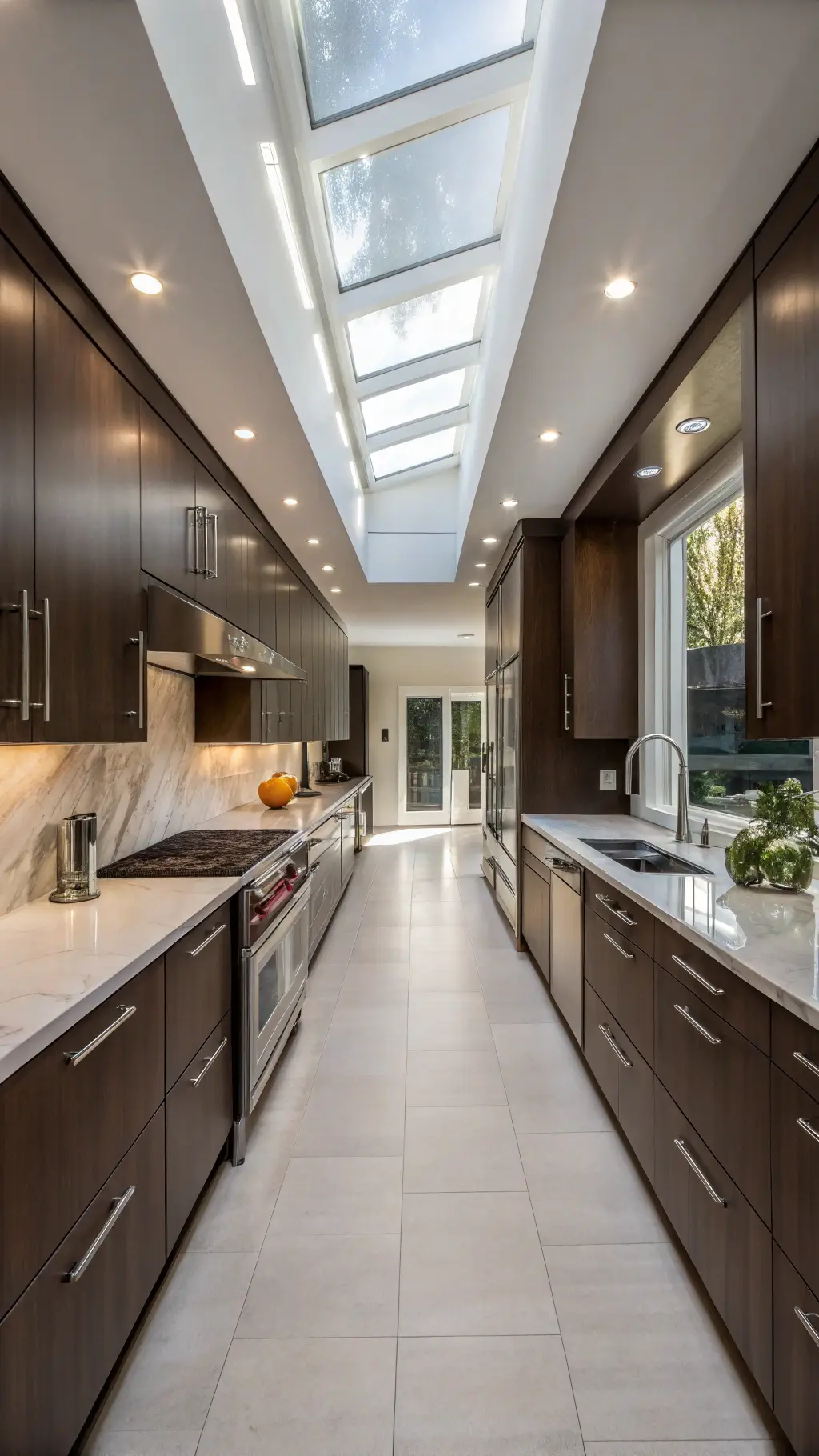 424modern galley kitchen skylight reflections