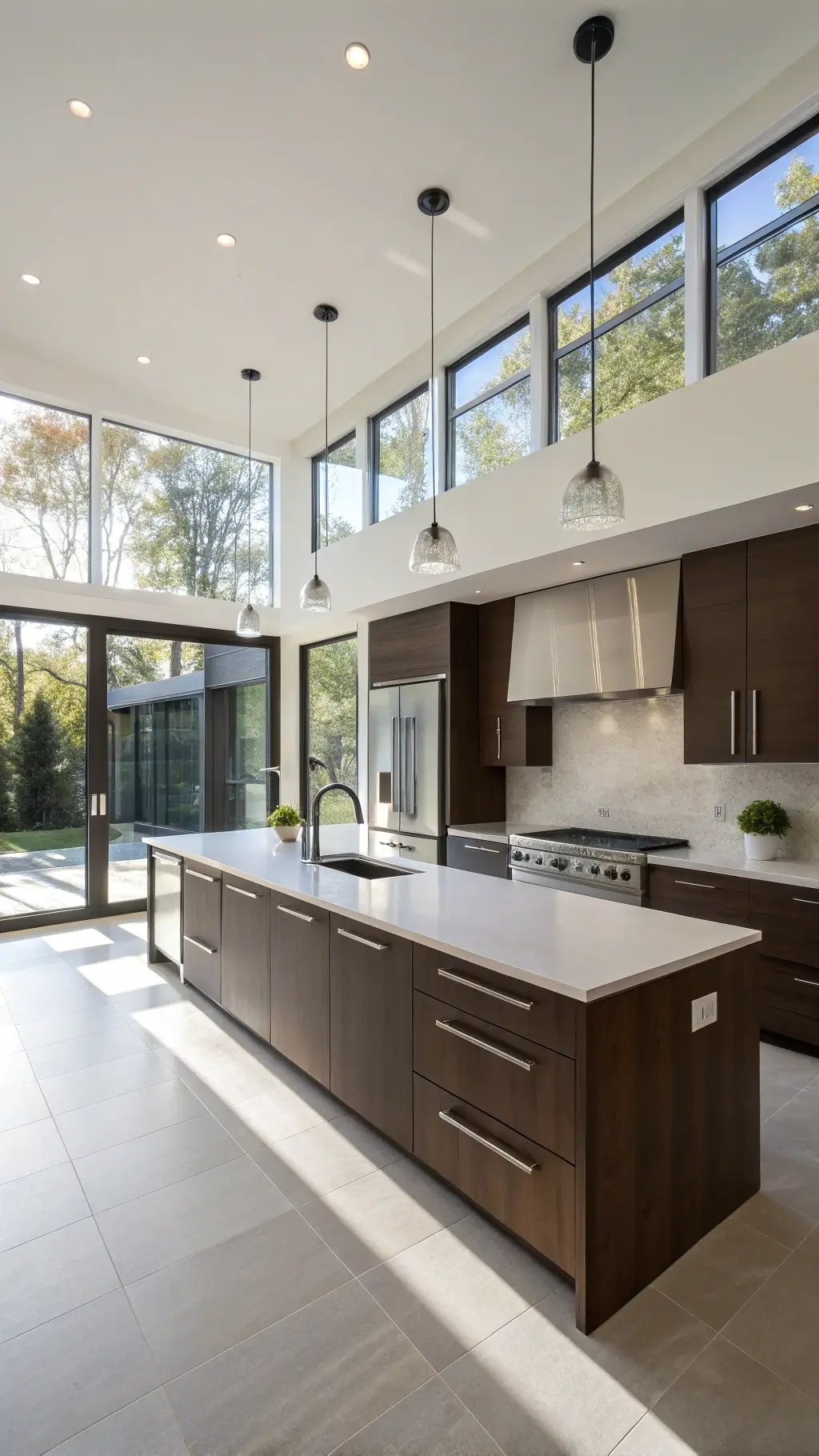 Modern minimalist kitchen with espresso-brown cabinets, white quartz countertops and stainless steel appliances, bathed in natural morning light.