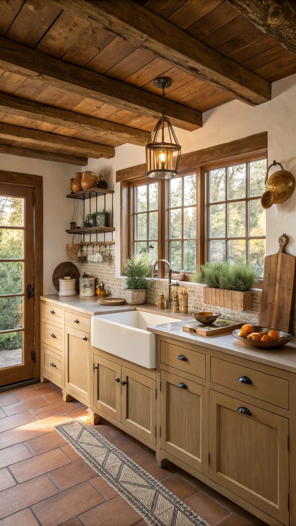 Rustic farmhouse kitchen basking in golden hour sunlight with honey-brown Shaker cabinets, exposed wooden ceilings, a cream ceramic sink beneath a draped window, a butcher block island with vintage copper cookware, and terracotta tiles underfoot.