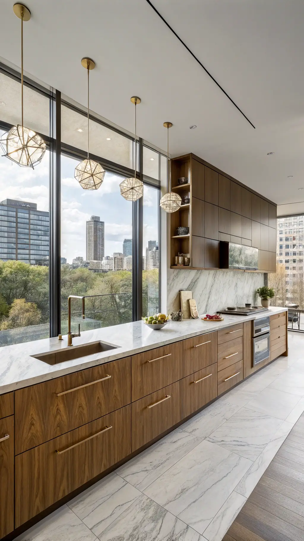 Luxe metropolitan kitchen with medium-brown slab cabinets, marble countertops, antique brass pendant lights over 8ft island, walnut floating shelves with ceramics, and dramatic urban views from floor-to-ceiling windows