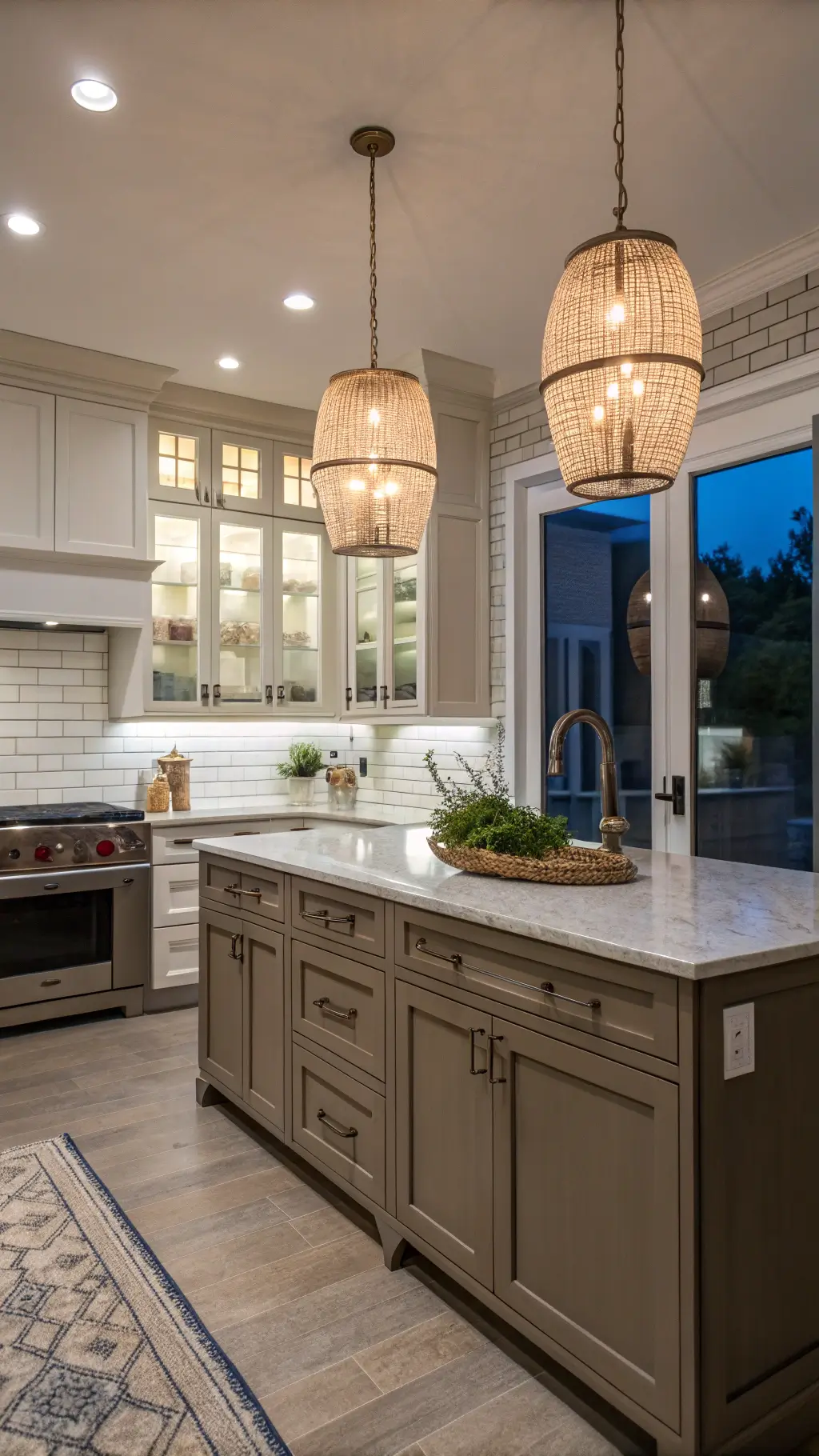 Dusk view of a transitional 11x13ft kitchen featuring taupe-brown cabinets with nickel hardware, white subway tile backsplash reaching the ceiling, blue-grey island with marble top, and ambient lighting from woven pendant lights and warm LED under-cabinet lighting, shot from the dining area entrance representing a mood of refined casual comfort.
