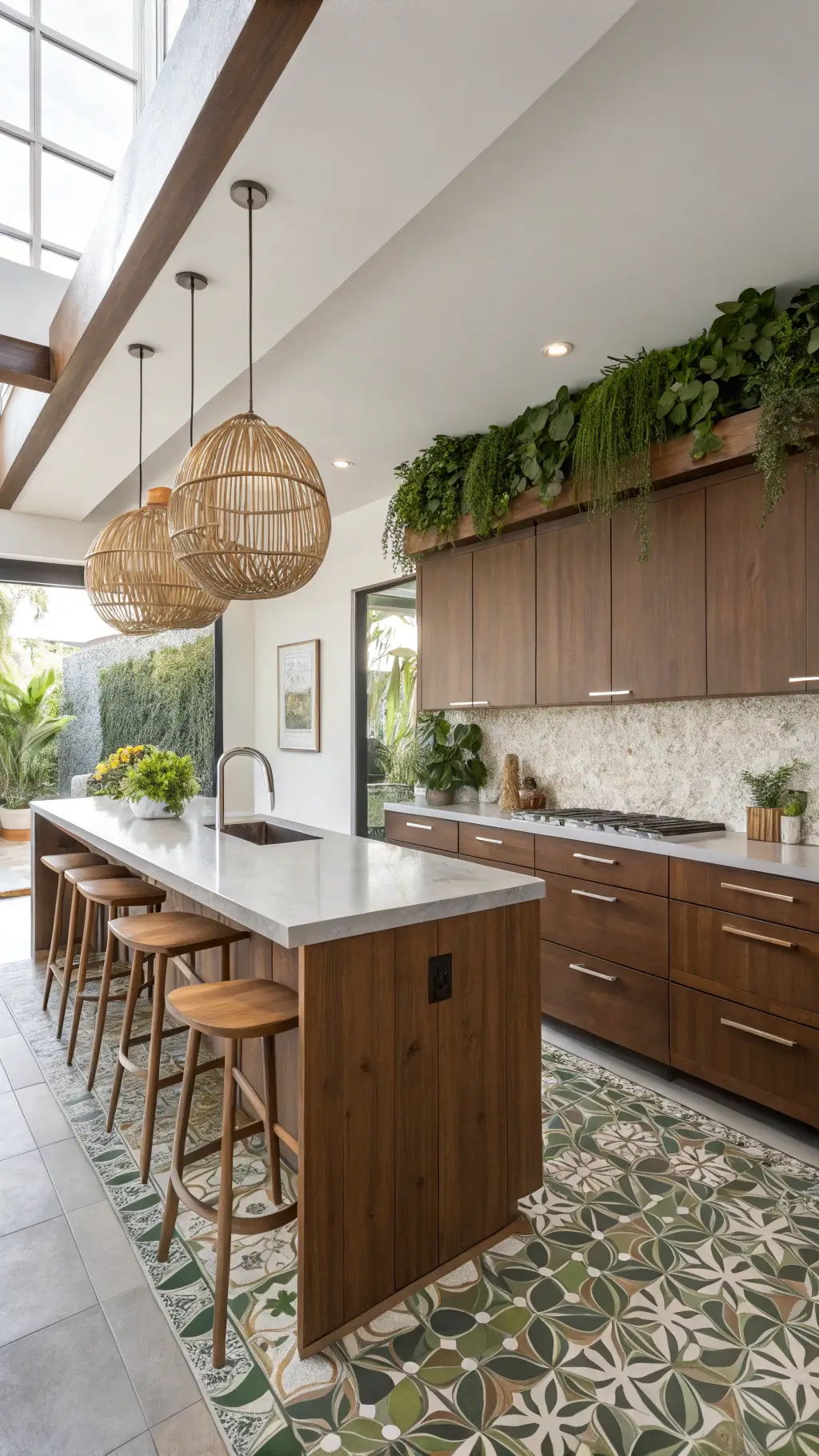 Morning sunlight illuminating a serene modern kitchen with walnut cabinets, concrete countertops, herb living wall, earth-tone geometric tile floor, rattan pendant lights, and bamboo bar stools.