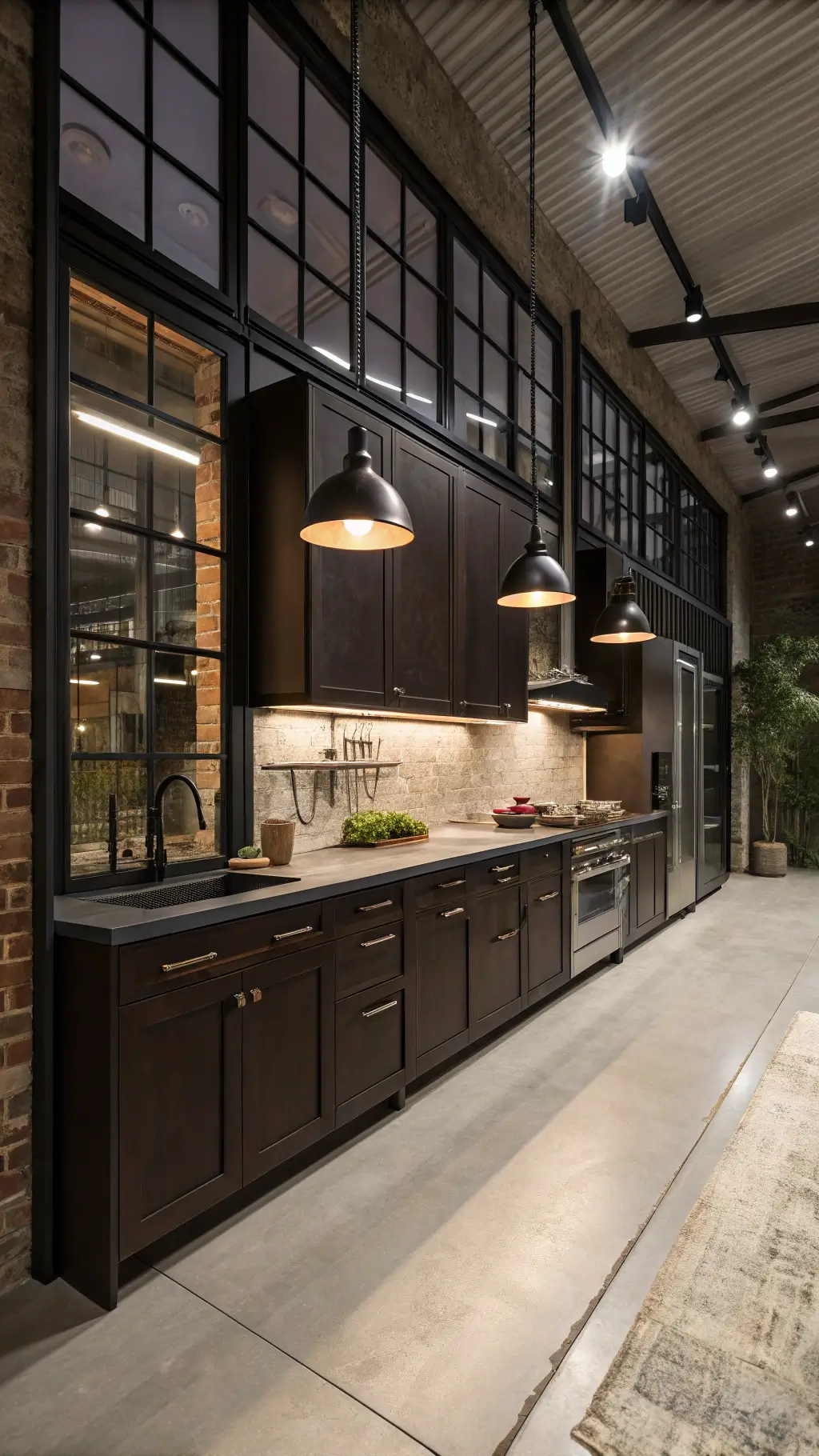 Moody lit 15x18ft urban loft style kitchen with dark chocolate brown cabinets, polished concrete counters, stainless steel backsplash, factory-style windows and oversized black metal pendant lights