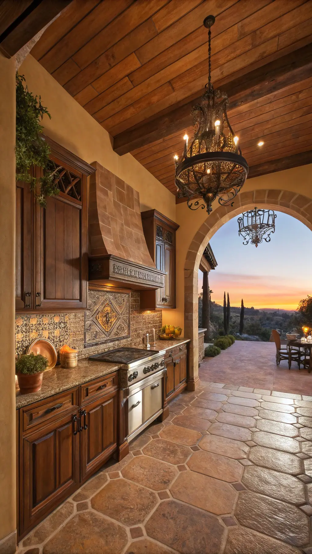 Mediterranean inspired kitchen with warm brown cabinets, handpainted tile backsplash, wooden ceiling beams and rustic island under a wrought iron chandelier, illuminated by sunset's golden glow and ambient sconces.