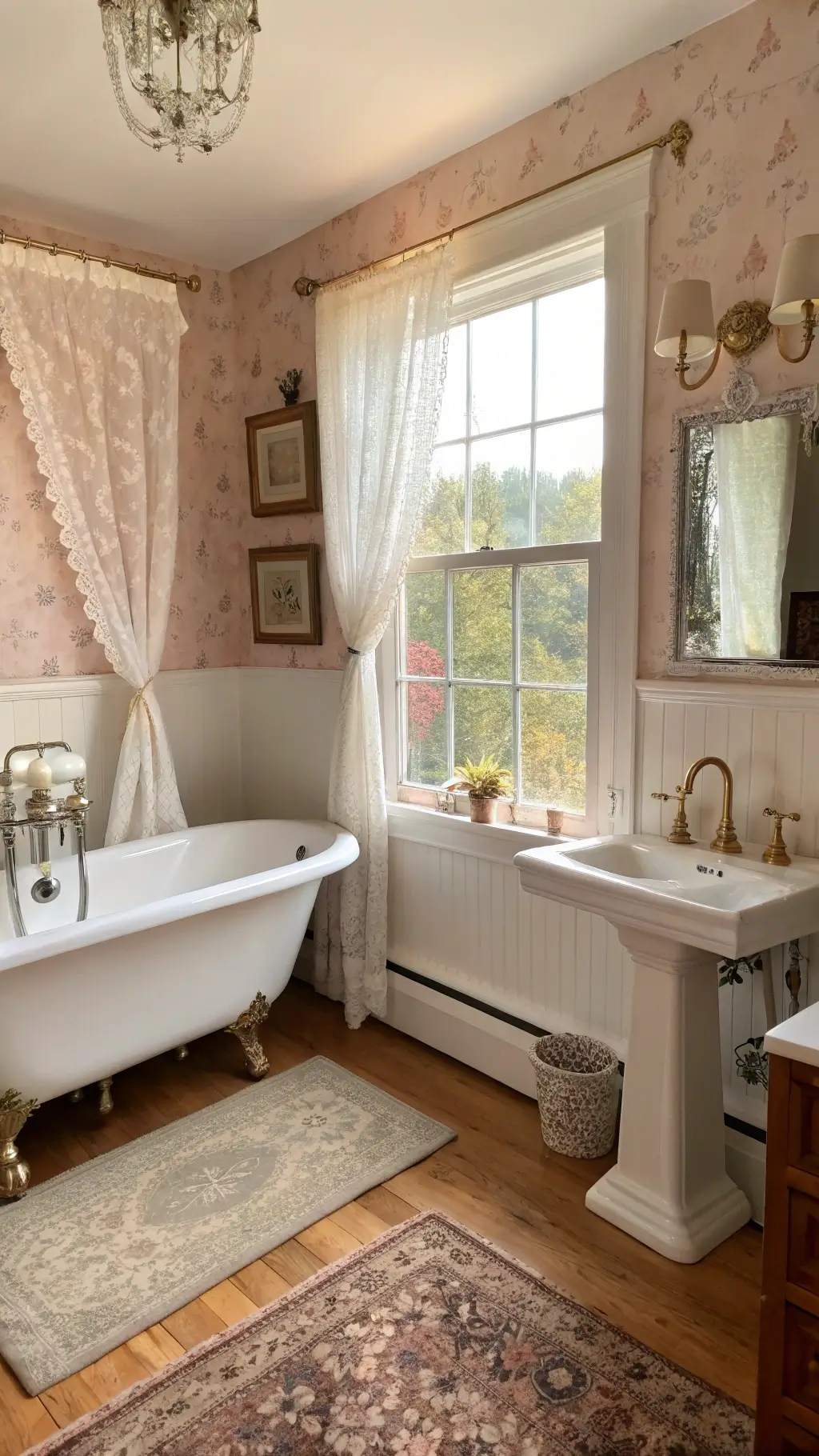 Vintage cottagecore bathroom with antique clawfoot tub, blush floral wallpaper, weathered oak floors, Persian rug, and milk glass accessories in golden sunlight.