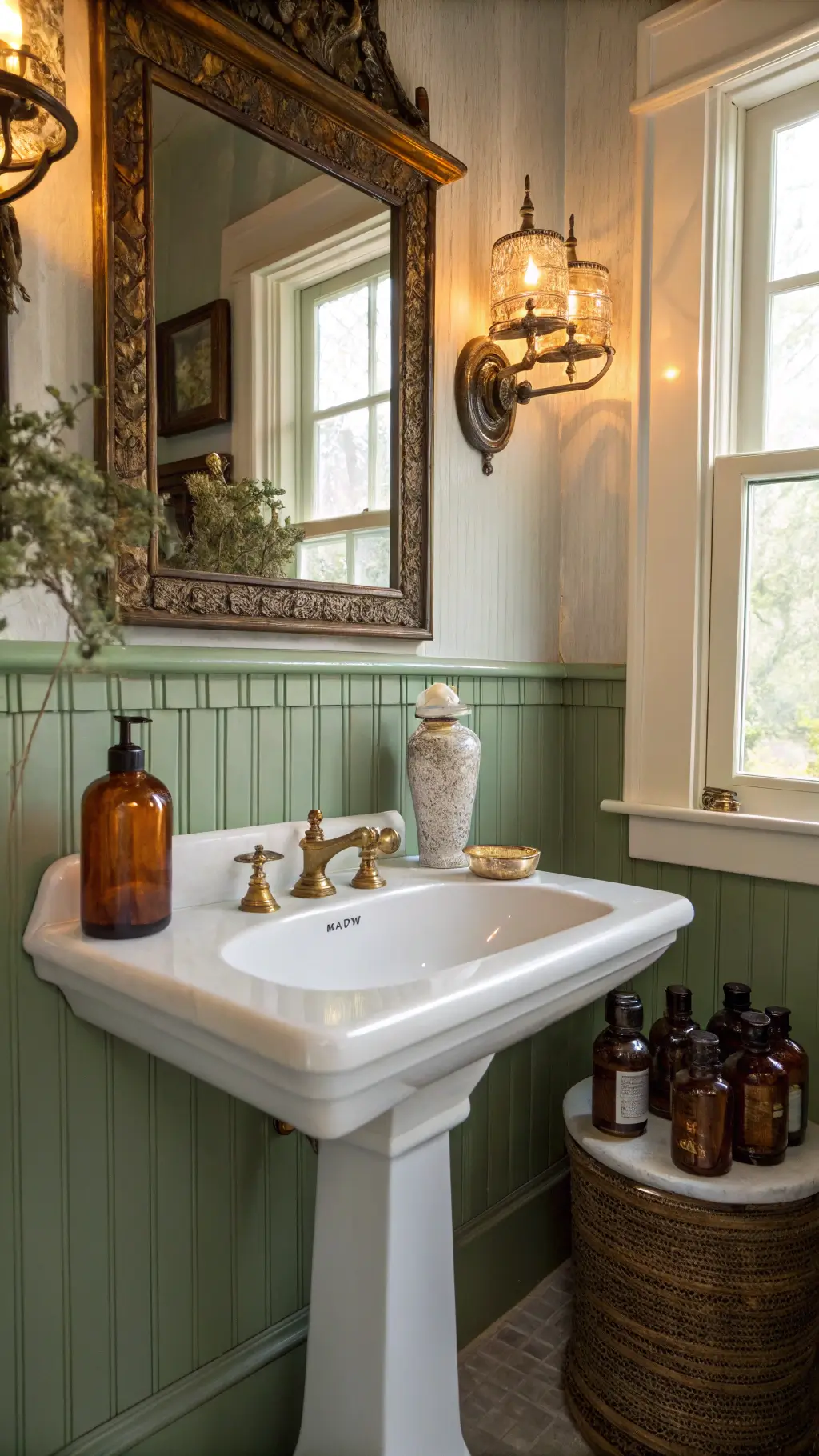Vintage-style bathroom with white ceramic pedestal sink, gilt mirror, brass sconces, and apothecary jars illuminated by warm morning light, accented by eucalyptus in an earthenware pitcher.