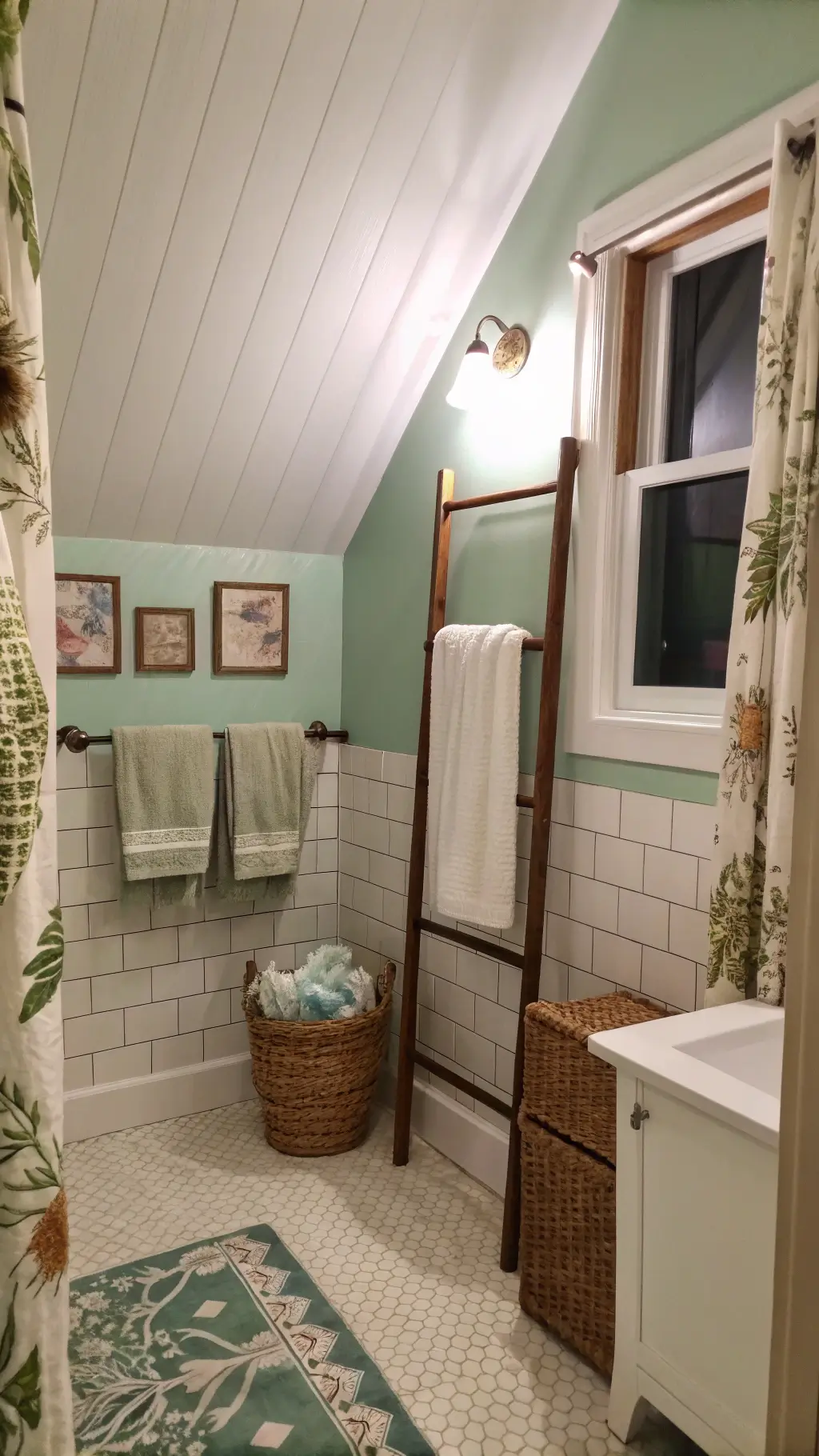 Vintage-style bathroom at dusk featuring mint green walls, white subway tile wainscoting, copper towel rails with linen towels, distressed wooden ladder with quilted textiles, and woven basket storage under a window with botanical curtains.