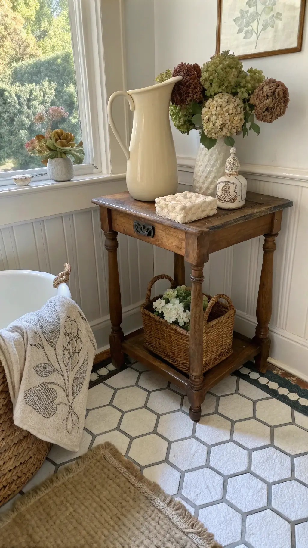 Cottagecore bathroom with antique wooden side table showcasing ceramic pitcher and hand-carved soap dishes, pressed flower artwork, a natural jute rug over hexagonal tiles, and wicker hamper filled with dried hydrangeas in a bright and airy midday setting.