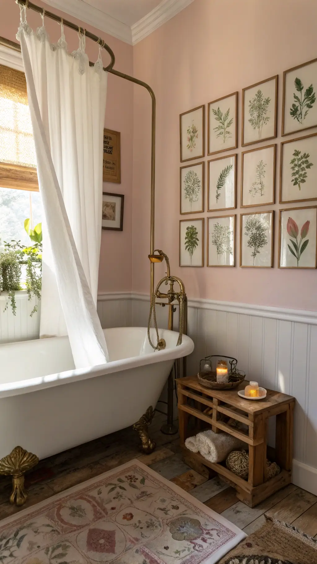 Victorian clawfoot bathtub in a cream hue against blush pink walls in a 12x8ft bathroom, styled with eucalyptus bundles and handmade soaps on a weathered wooden bath caddy, and vintage brass shower fixture surrounded by a white curtain. The bathroom features a gallery wall of botanical prints in gold frames, illuminated by late afternoon glow.