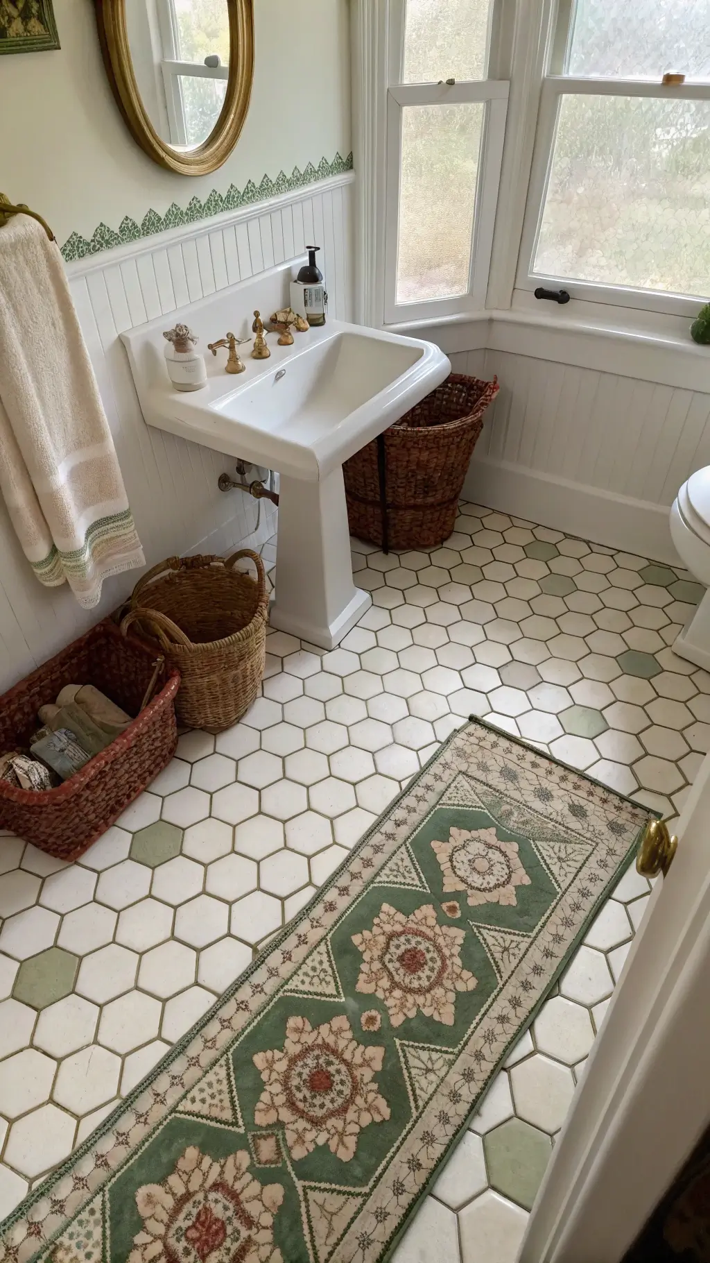 Overhead shot of a 9x11ft vintage cottage bathroom with cream and sage green hexagonal floor tiles, Persian runner, pedestal sink, storage baskets under a window seat, and antique brass hardware, illuminated by natural light.