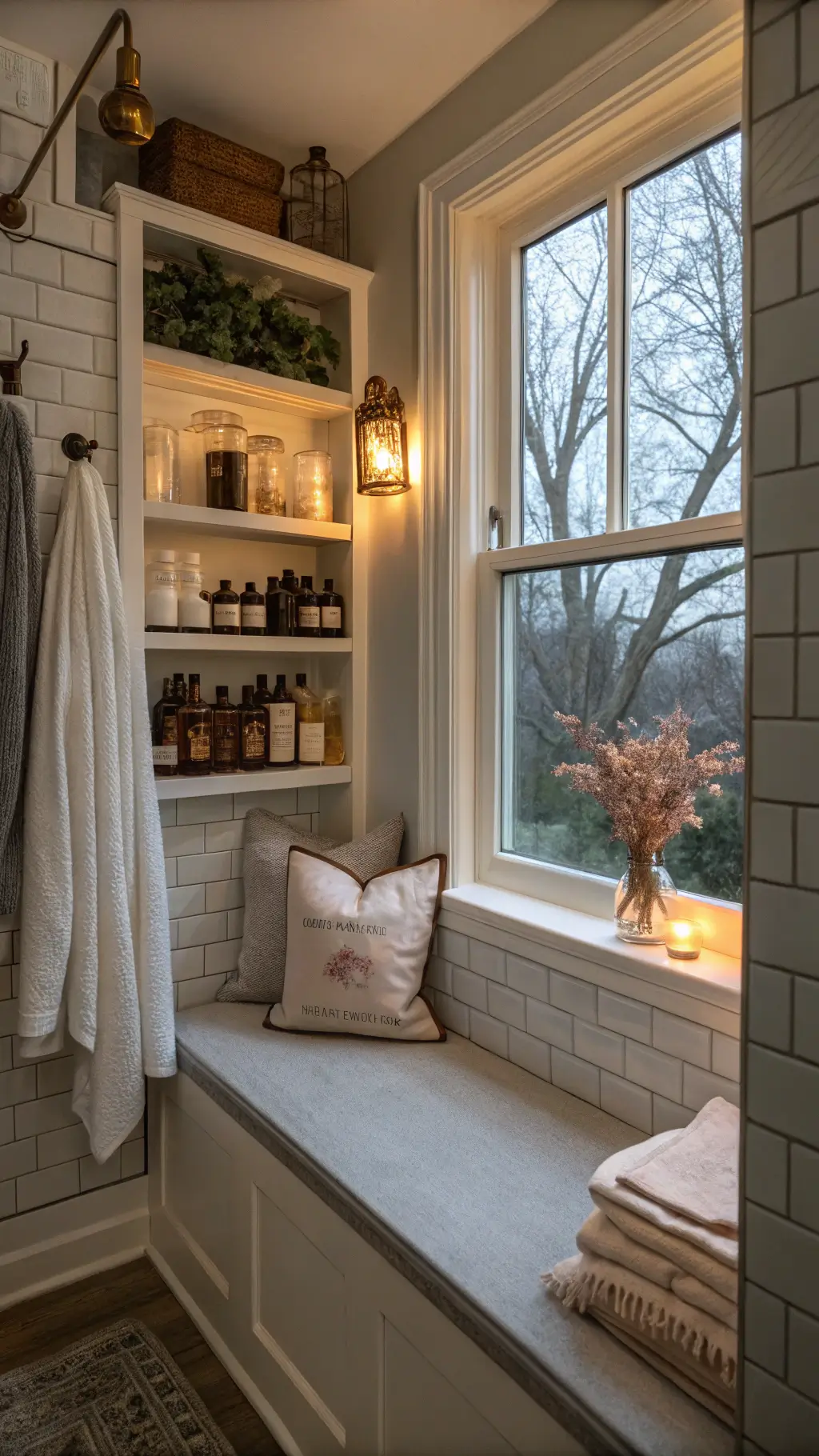 Cozy twilight bathroom with natural linen cushioned window seat, vintage apothecary bottle collection on open shelving, dried flower arrangements, embroidered hand towels on brass hooks, and warm light from copper sconces