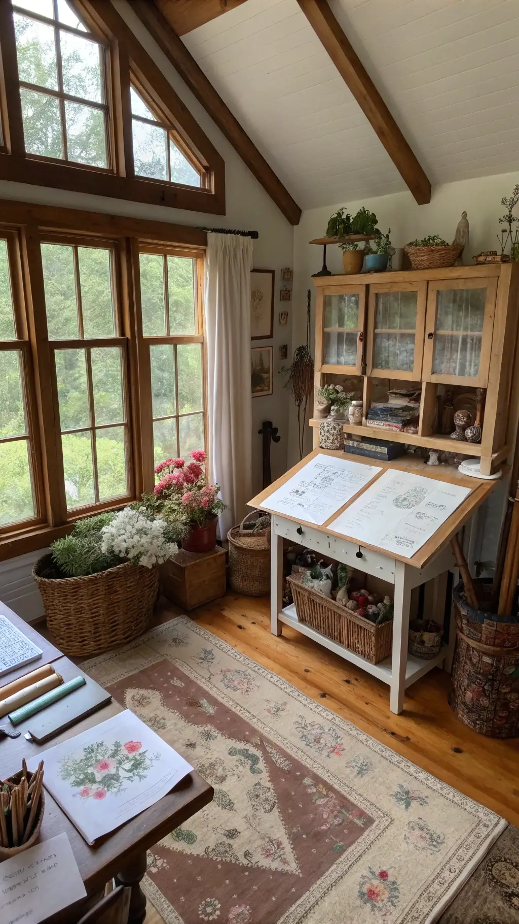 Serene 14x16ft cottage studio with north-facing windows, drafting table with botanical sketches, open cupboards with ceramics and art supplies, and worn wooden floors covered with handwoven rugs, viewed from an elevated position.