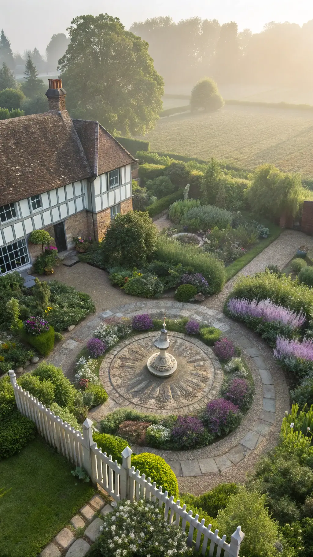 Overhead drone shot of a circular English cottage garden with radiant crushed seashell paths, antique stone birdbath centerpiece, and overflowing beds of artemisia, salvia, and roses, framed by a weathered picket fence in the misty morning light.
