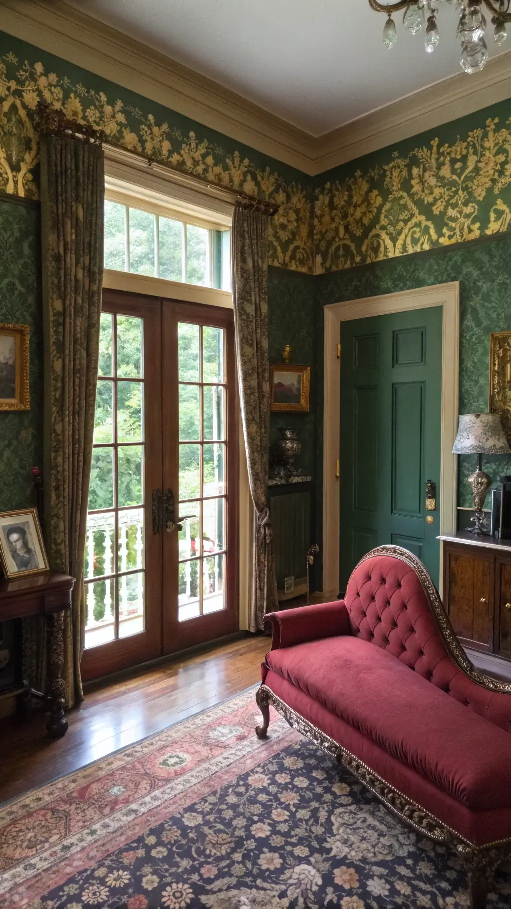 Vintage parlor interior with forest green walls, gold damask wallpaper, French doors opening to garden, burgundy chaise lounge with antique lace throws, brass étagère filled with curiosities, carved wood furniture on an antique Persian carpet, and a reflection captured in an ornate gilt mirror with diffused natural lighting.