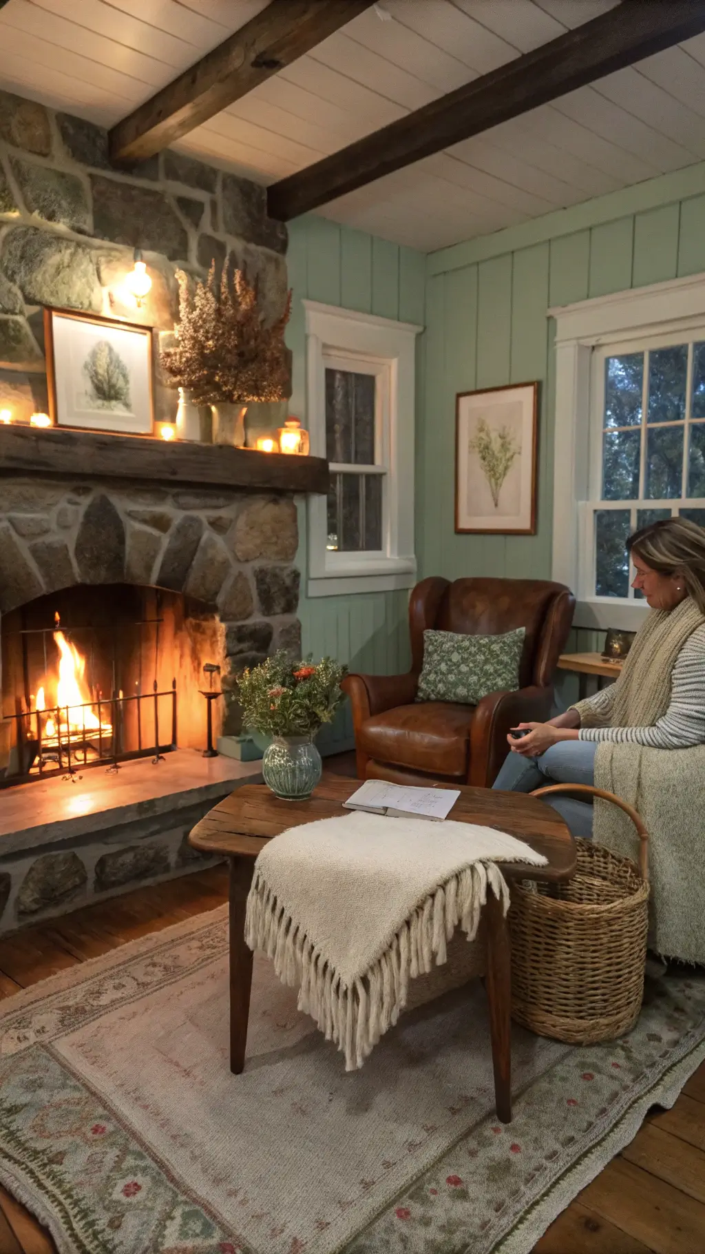 Cozy cottage living room at dusk with a stone fireplace, weathered leather armchair, vintage botanical prints on sage walls, and ambient lighting from copper lamps.