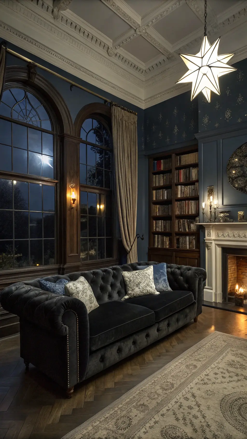 Gothic-style living room at night featuring a black velvet chesterfield sofa, Victorian fireplace, floor-to-ceiling bookshelves with leather-bound books, arched windows with lace and velvet curtains, star-shaped pendant lights casting shadows on midnight blue walls.
