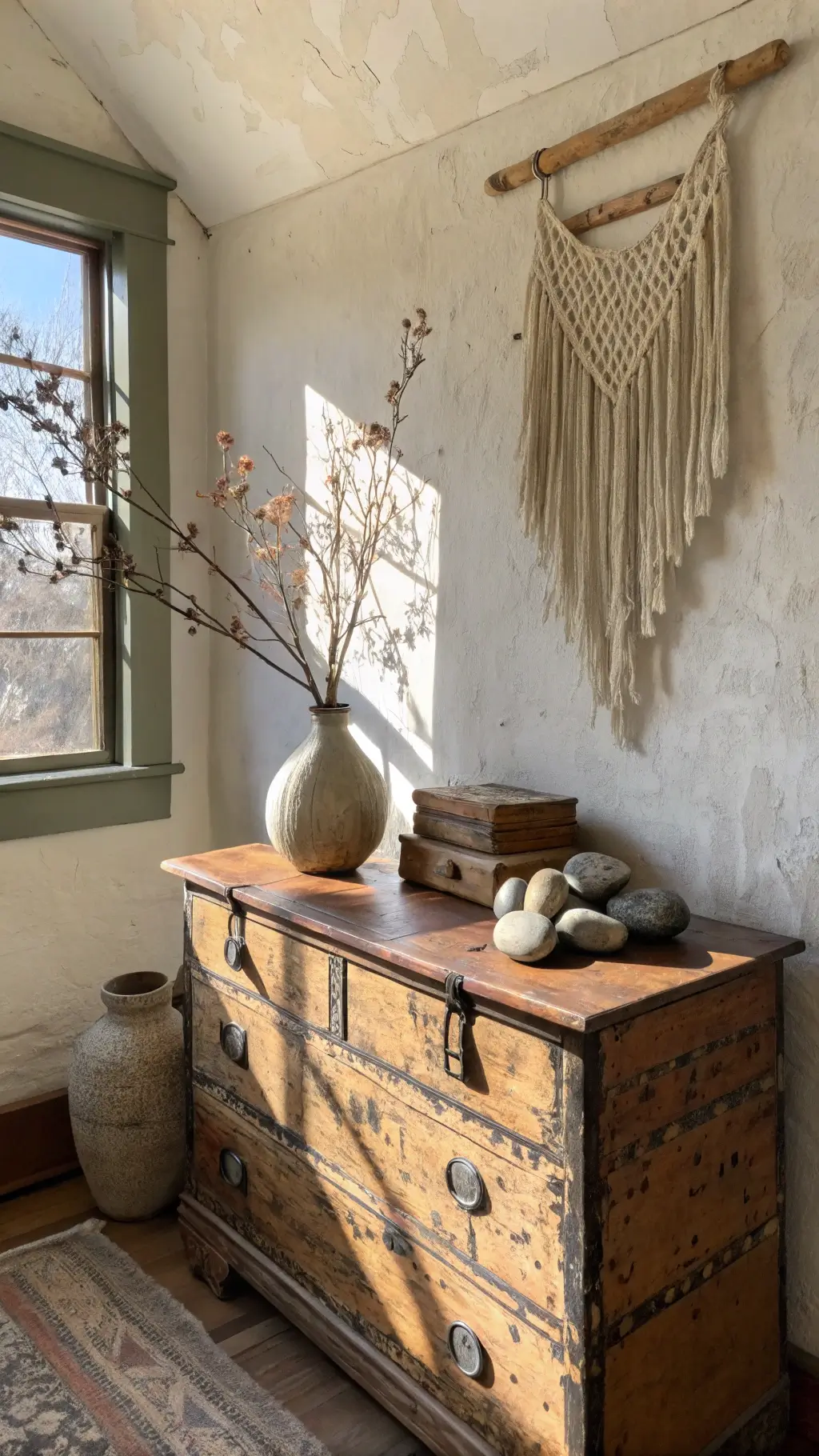 Sunlit antique bedroom corner featuring a wooden chest with stones, pottery, a ikebana arrangement in a crackle-glazed vessel, and a hemp wall hanging against a distressed plaster wall, shot at a 45-degree angle.