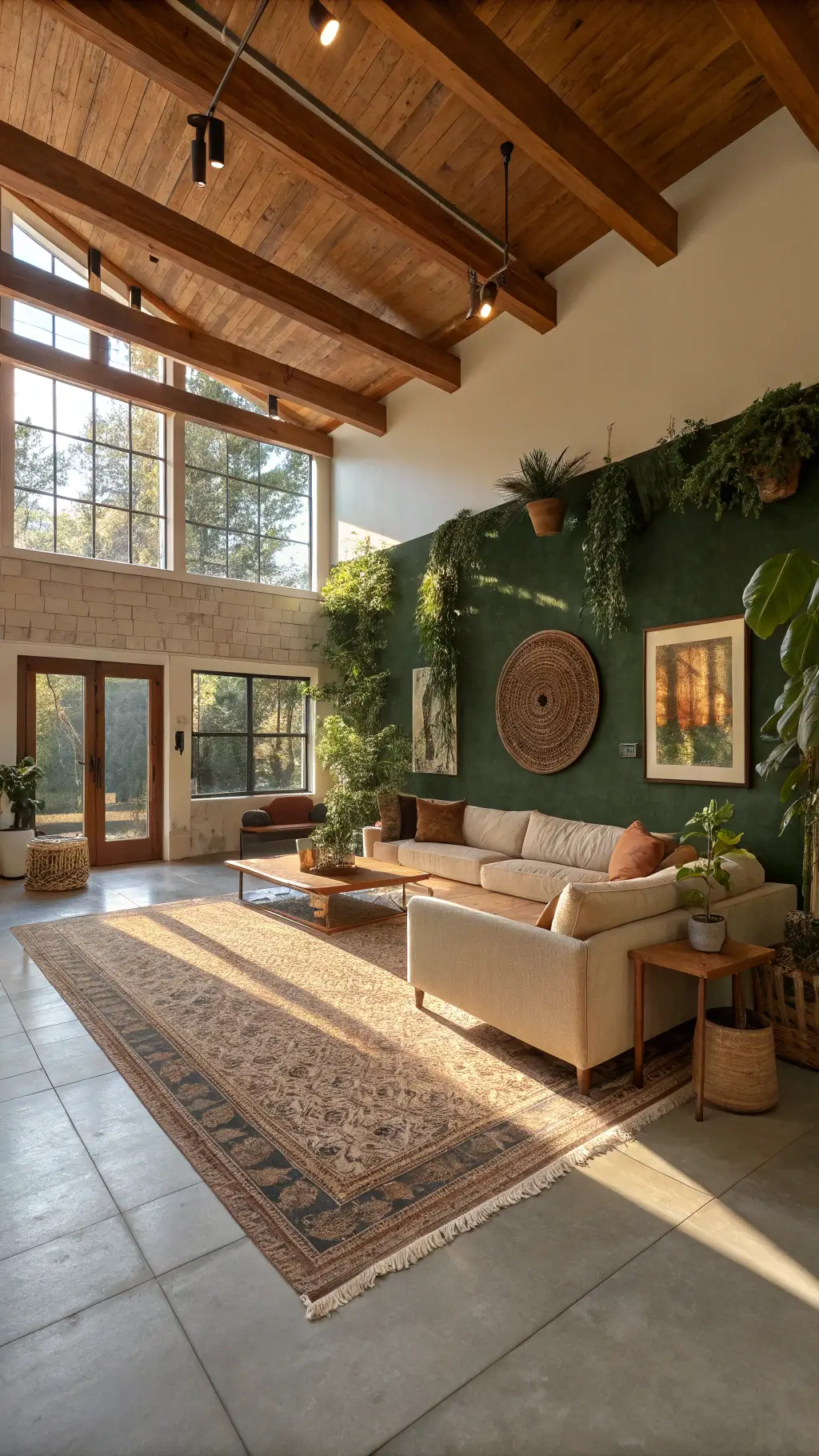 Sunny living room at golden hour with high ceilings, exposed wooden beams, large linen sectional, jute rug, floor-to-ceiling windows, concrete floors, terracotta pottery, brass accents, trailing plants and a green accent wall with woven decor, shot in wide-angle from corner