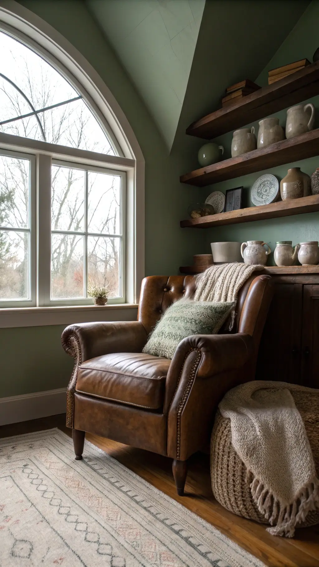 Vintage leather armchair sitting beneath a large arched window in a cozy 15x18ft reading nook with sage green walls, and adorned with ceramic vessels on wooden shelves, a Moroccan wool rug, handwoven floor cushions, and a knit throw lit by soft diffused morning light.