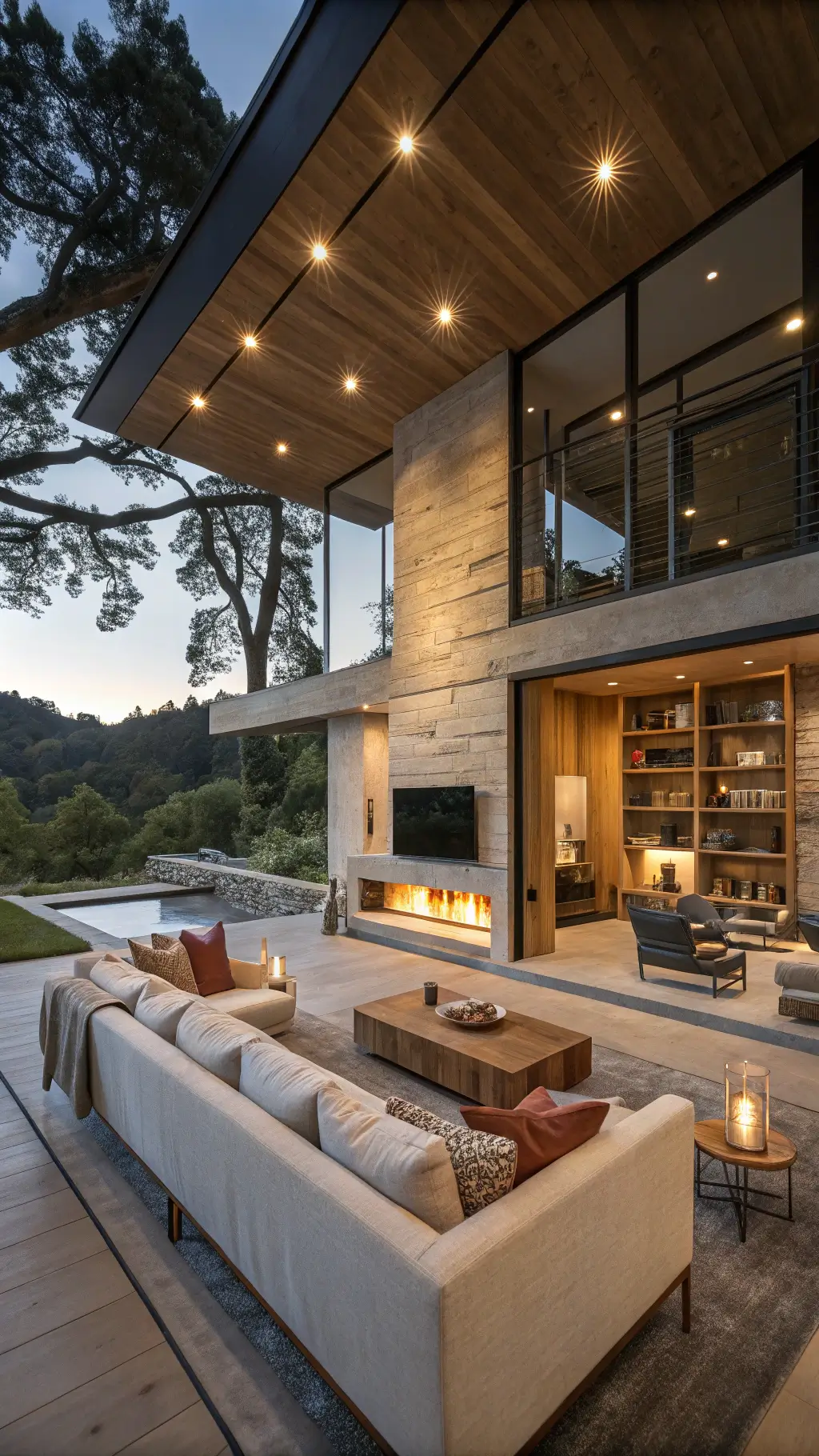 Open-concept living room with concrete fireplace, oak shelving, low-profile sectional sofa, and pendant lighting during blue hour